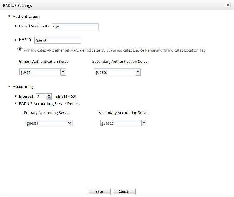 Add SSID Profile - Captive Portal - RADIUS Settings page in Wi-Fi Cloud Manage